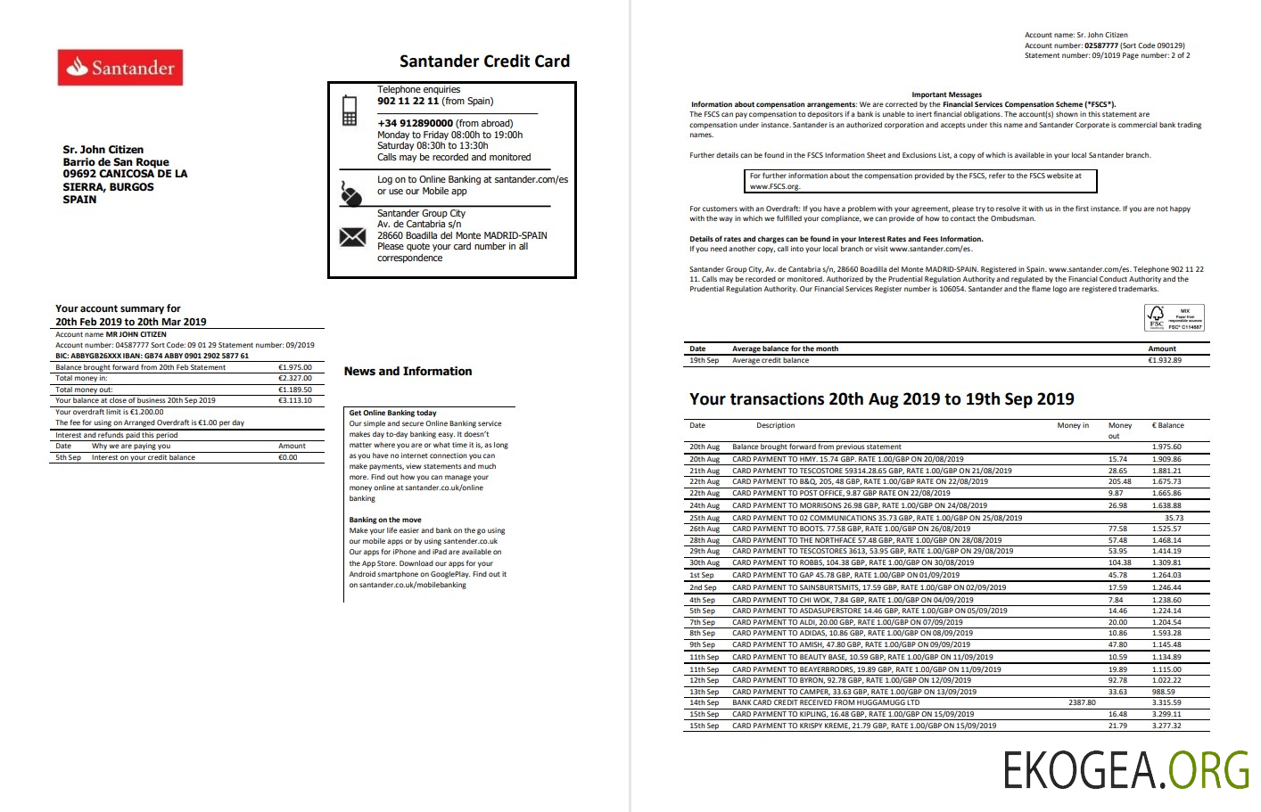 Modèle de relevé de carte de crédit Espagne Santander, format Word et PDF (.doc et .pdf), 2 pages